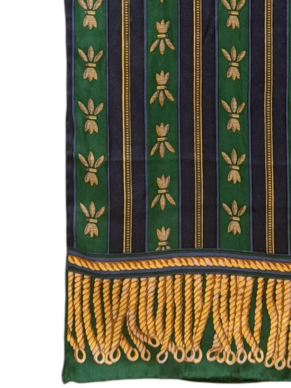 Vintage 100% Silk Scarf Green Navy Striped Gold Metallic Bee Fringe 10